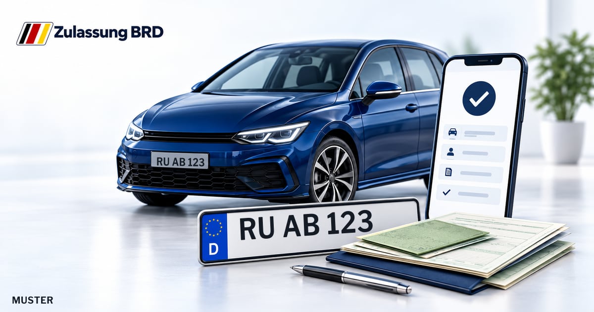 Online Fahrzeugzulassung in Rudolstadt: Musterkennzeichen RU AB 123, Auto und Fahrzeugpapiere und Smartphone. Illustration mit Logo von Zulassung BRD.
